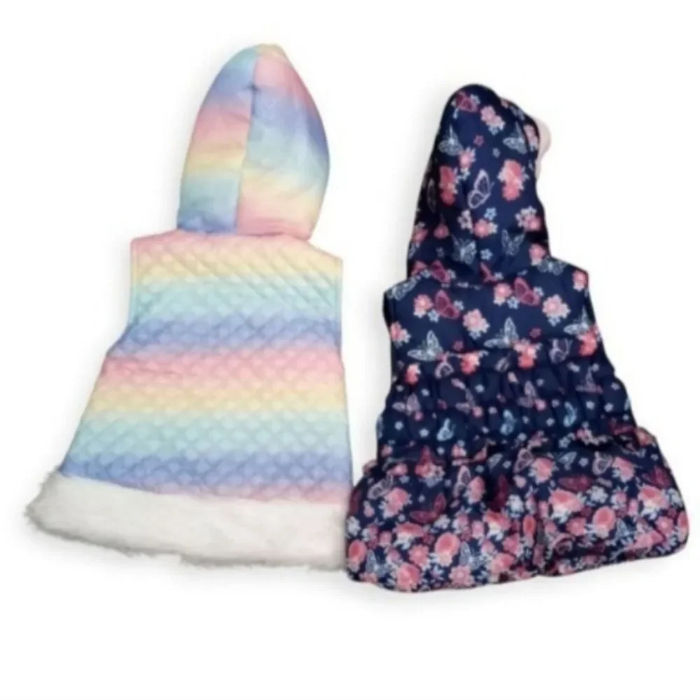 Little Lass Girls Rainbow & Navy Hooded Vests Faux Fur Trim Sz.2T Bundle EUC.